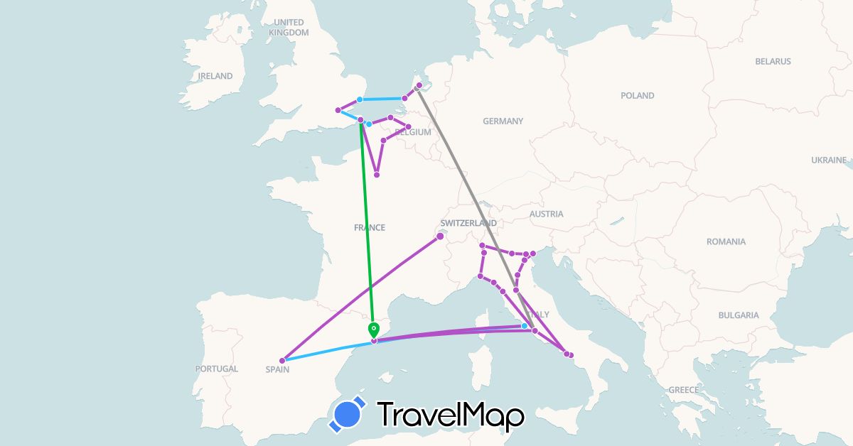 TravelMap itinerary: driving, bus, plane, train, boat in Belgium, Switzerland, Spain, France, United Kingdom, Italy, Netherlands, Portugal (Europe)