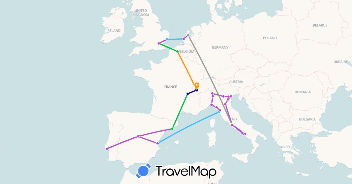 TravelMap itinerary: driving, bus, plane, train, boat, hitchhiking in Spain, France, United Kingdom, Italy, Netherlands, Portugal (Europe)