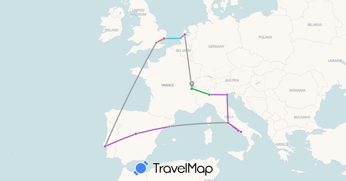 TravelMap itinerary: driving, bus, plane, train, hiking, boat in Switzerland, Spain, United Kingdom, Italy, Netherlands, Portugal (Europe)