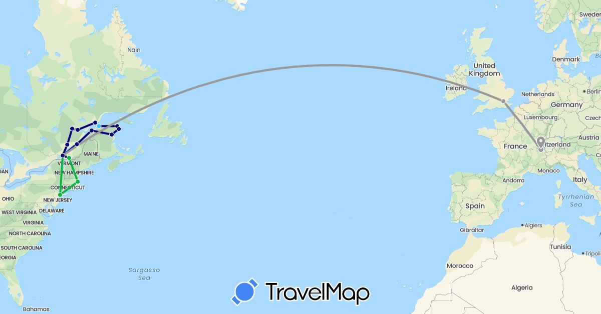 TravelMap itinerary: driving, bus, plane, boat in Canada, Switzerland, United Kingdom, United States (Europe, North America)